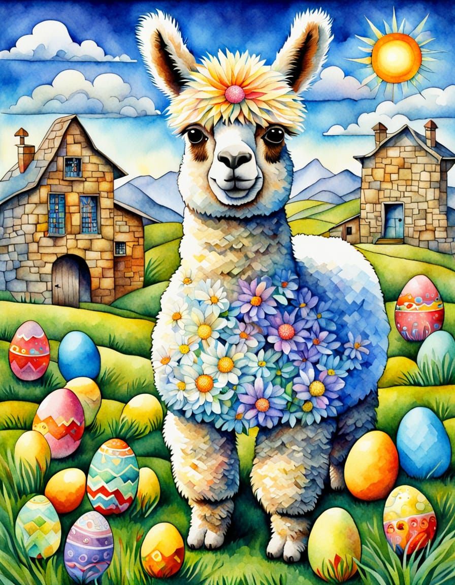 Vibrant Easter Cubism with Alpaca and Easter Flowers