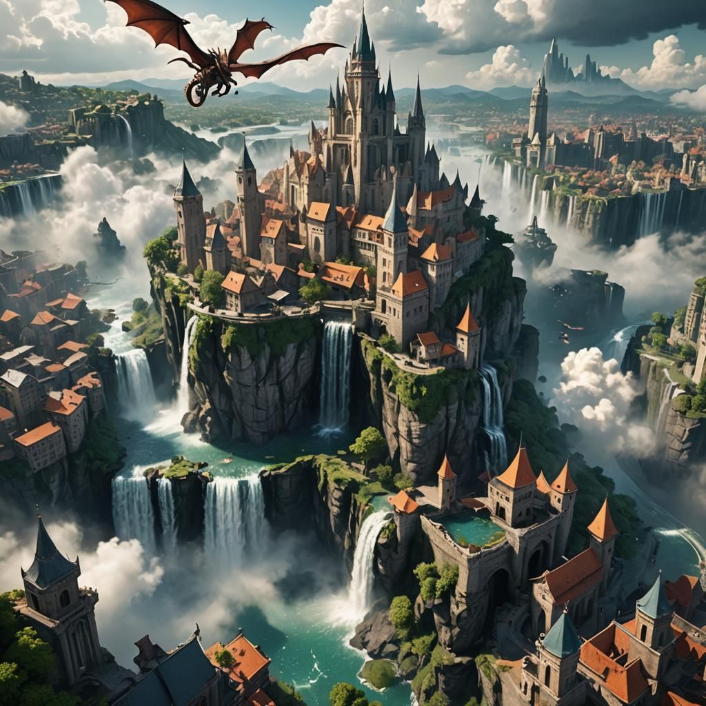 Majestic Flying City with Dragons: 3D Cinematic View