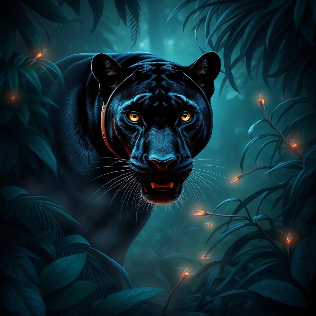 Panther in Bioluminescent Jungle: Matte Painting