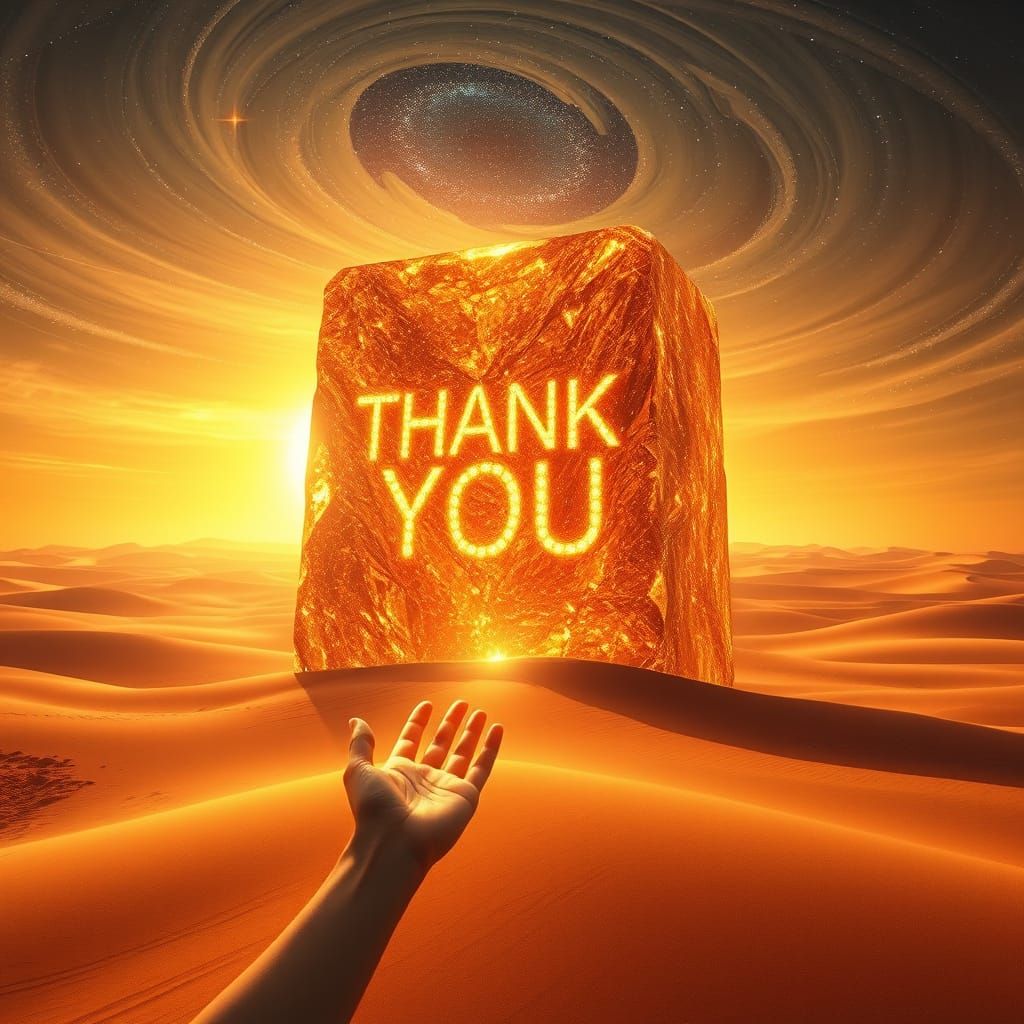 Surreal Desert Oasis in Liquid Gold, with Glowing Monolith a...