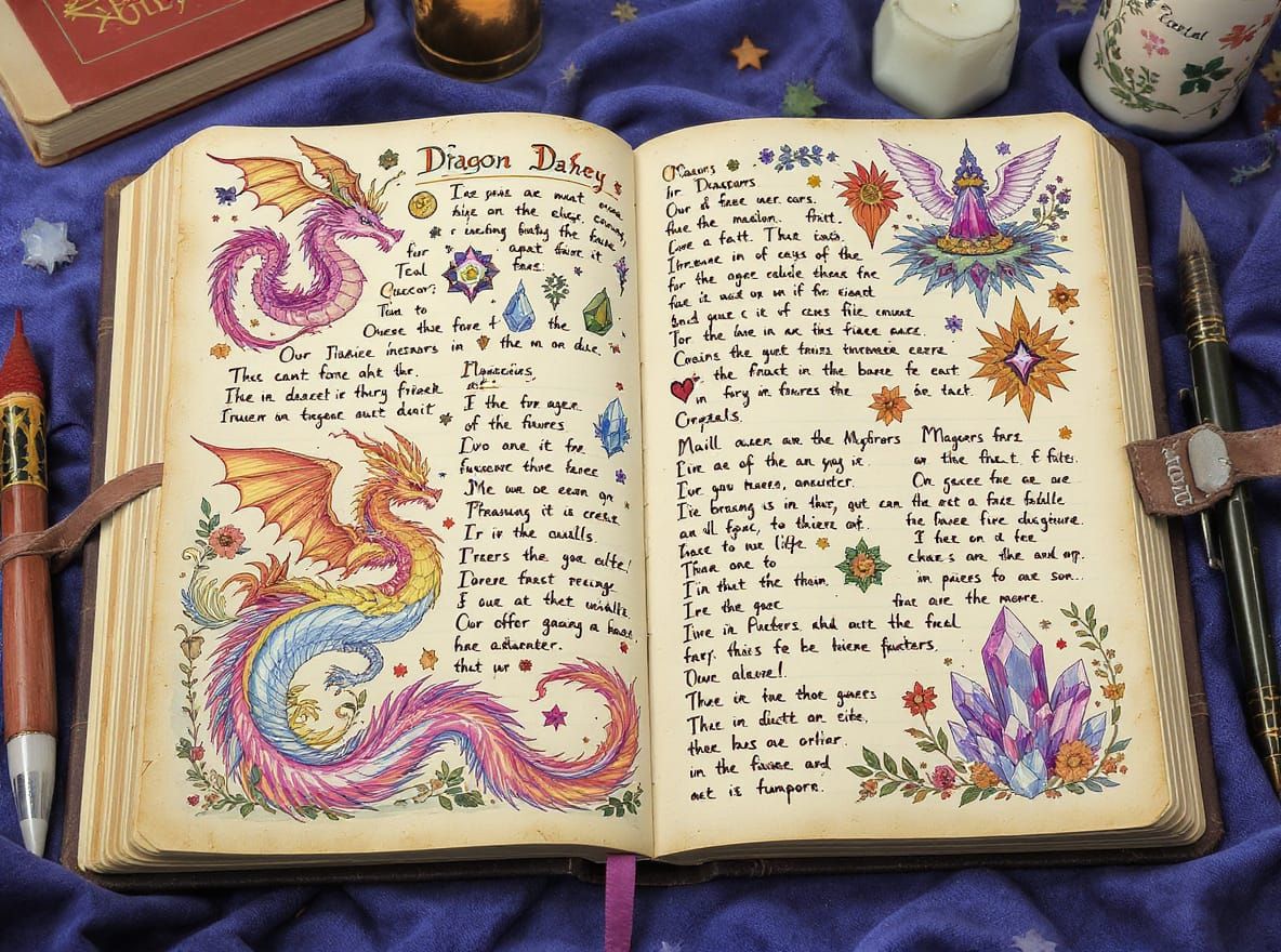 Fantasy Witch Diary Pages with Dragons and Unicorns