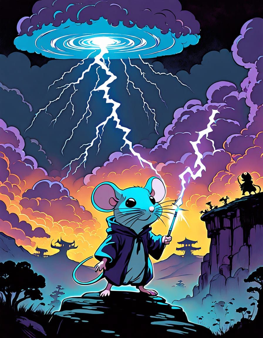 Whimsical Storm Chaser Mouse in a Vibrant Lightning Storm