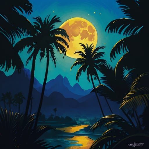 Gouache Moon Above Palm Tree in Maximalist Style