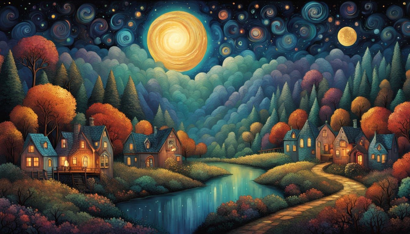 Whimsical Village Under Starry Celestial Canvas