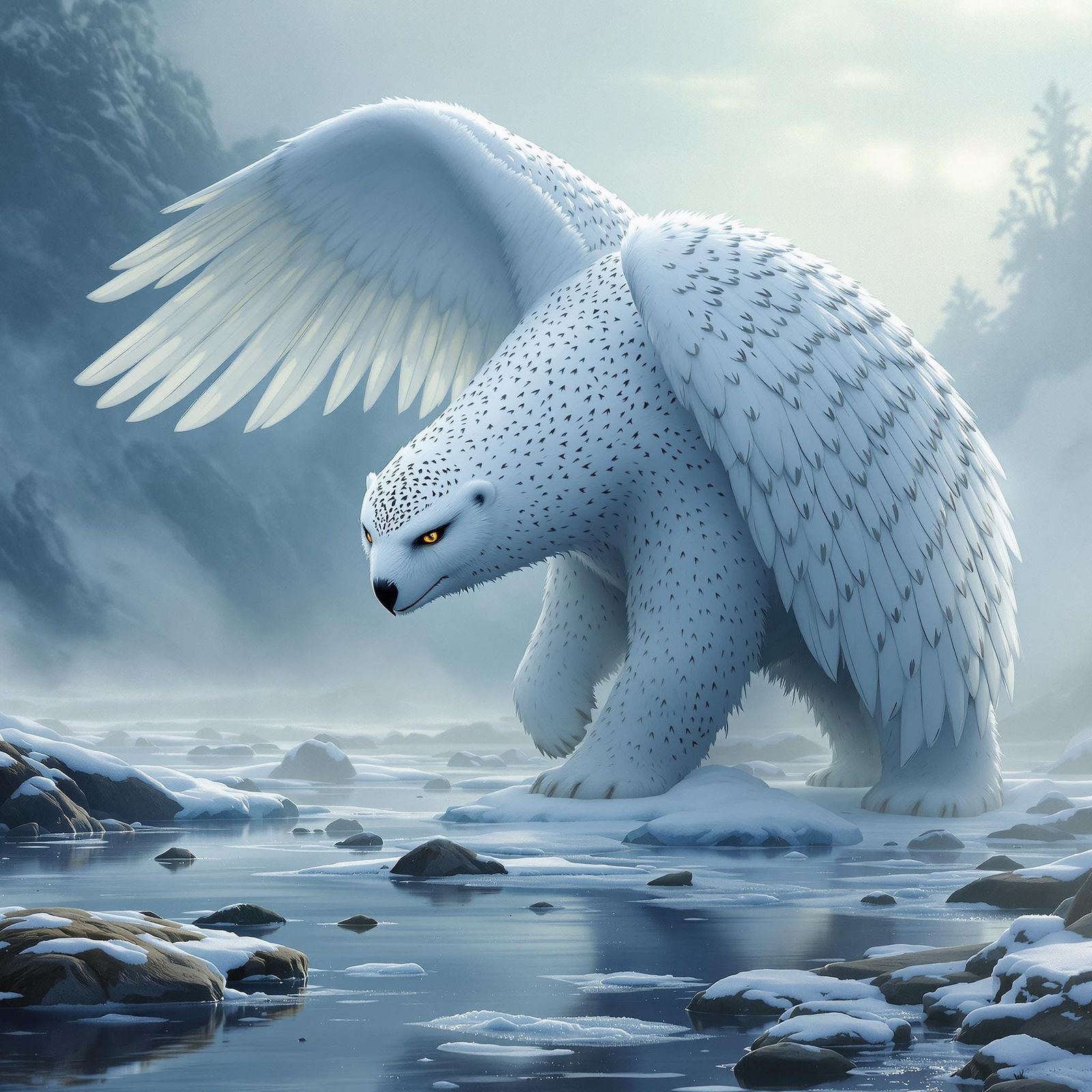 Polar Bear Owl Hybrid Standing Beside River in Dreamlike Lan...