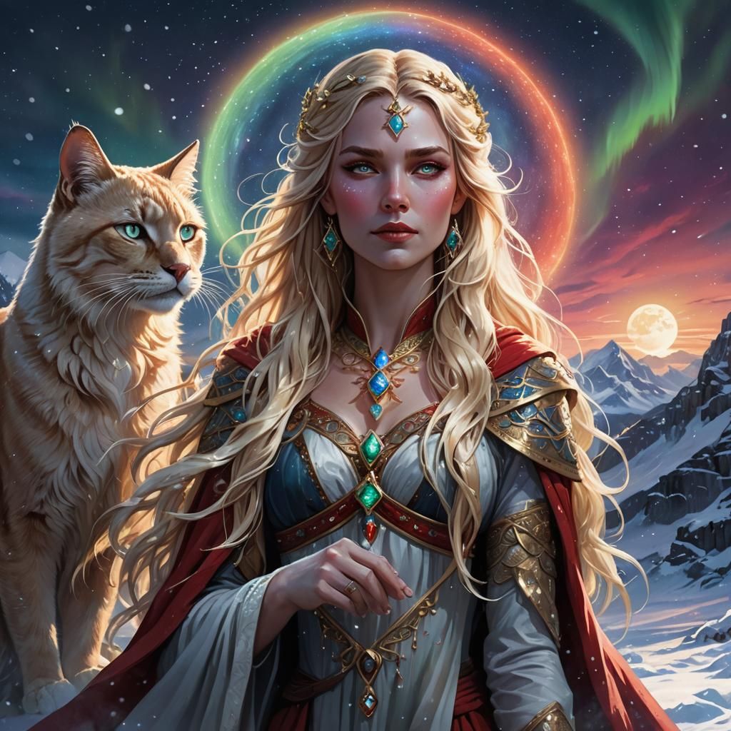 Goddess with Gemstones and Aurora, Fantasy Art