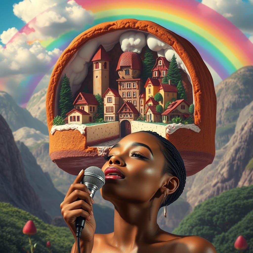 Village in Cheesecake Above Rainbow with Singing Woman