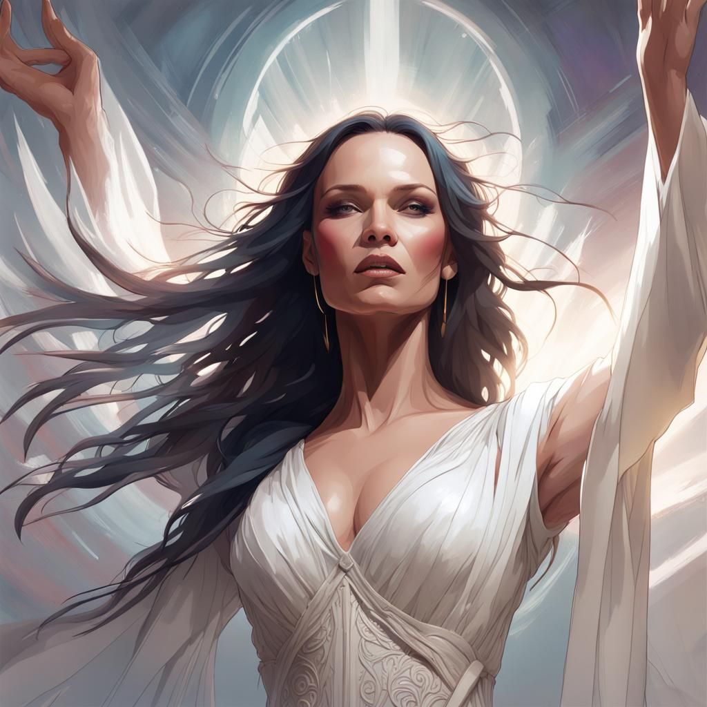 Tarja Turunen in a long white dress singing