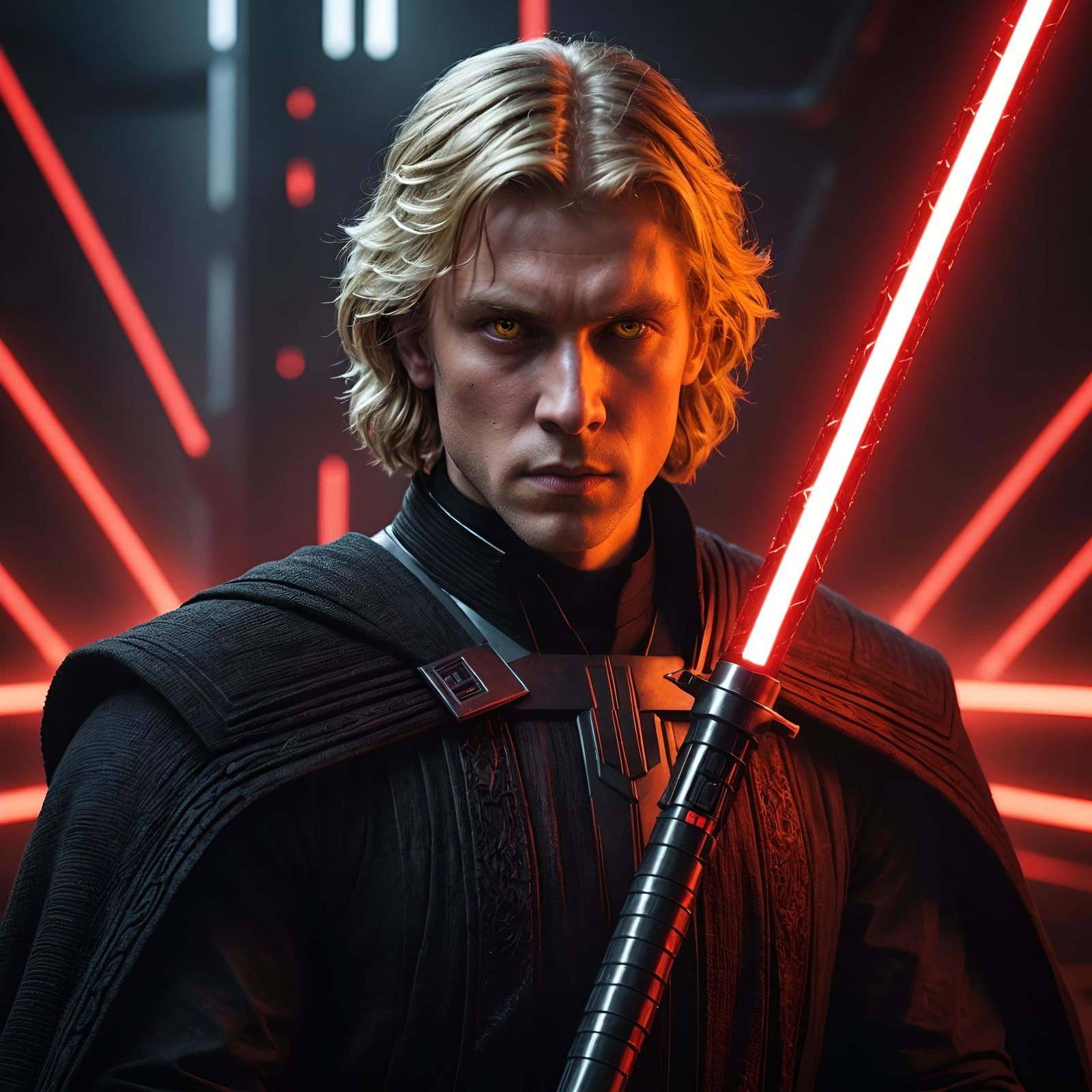 Hyperrealistic Sith Lord with Moody Lightsaber
