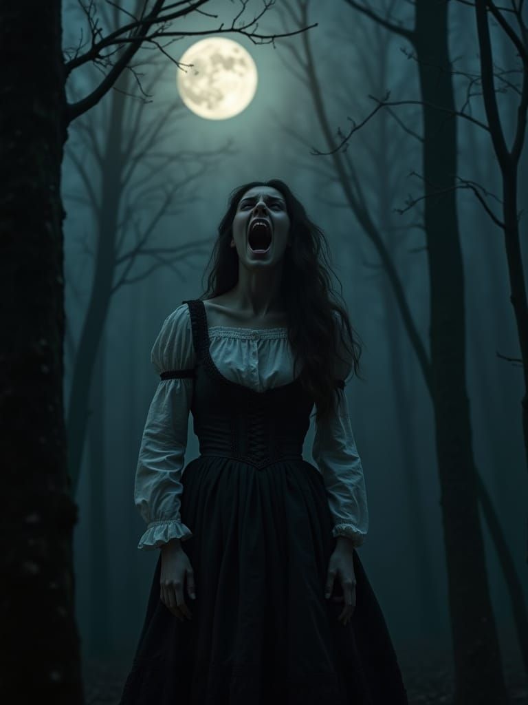 Ethereal Victorian Woman Transforms into a Werewolf under Fu...