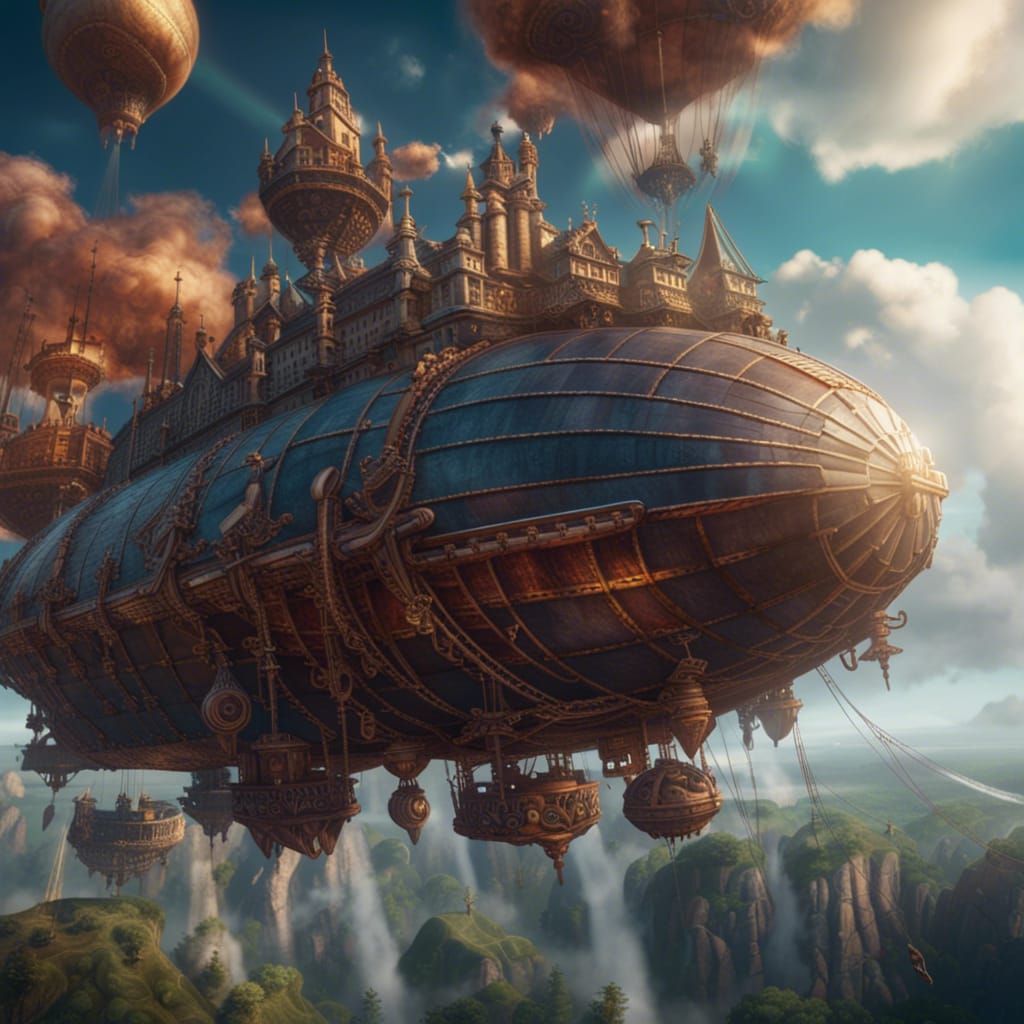 Flying airship on the sky