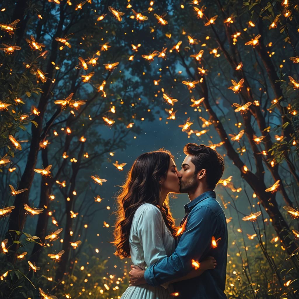 Kiss Under Fireflies: Cinematic Expressionist Painting