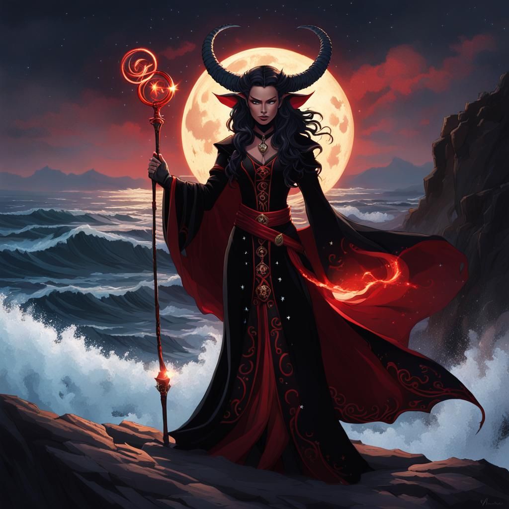 Tiefling Sorceress Casting a Spell, Art Nouveau Style