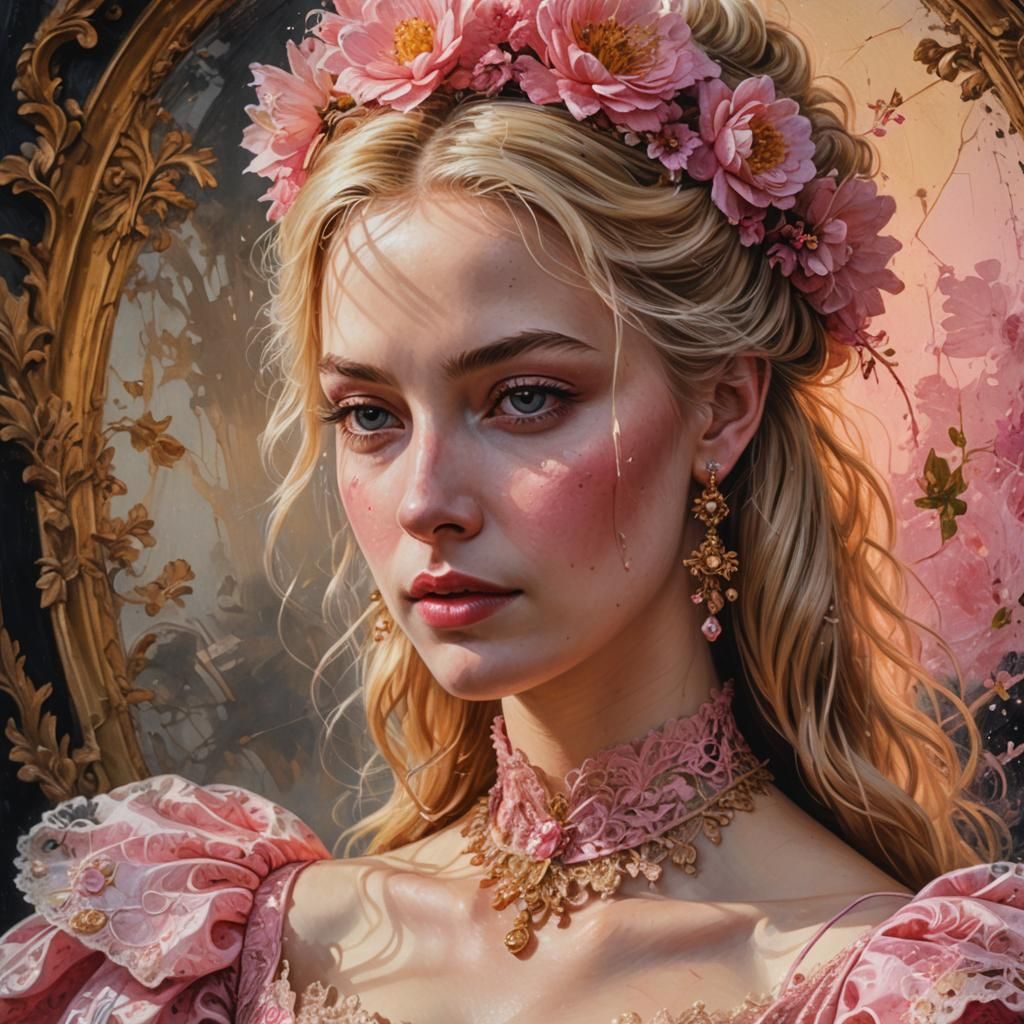 Elegant French Woman in Pink Gown: Oil Painting
