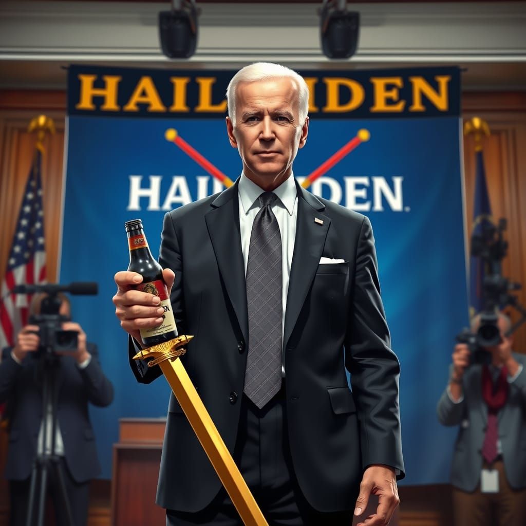 Joe Biden at Press Conference with Sword, Digital Art