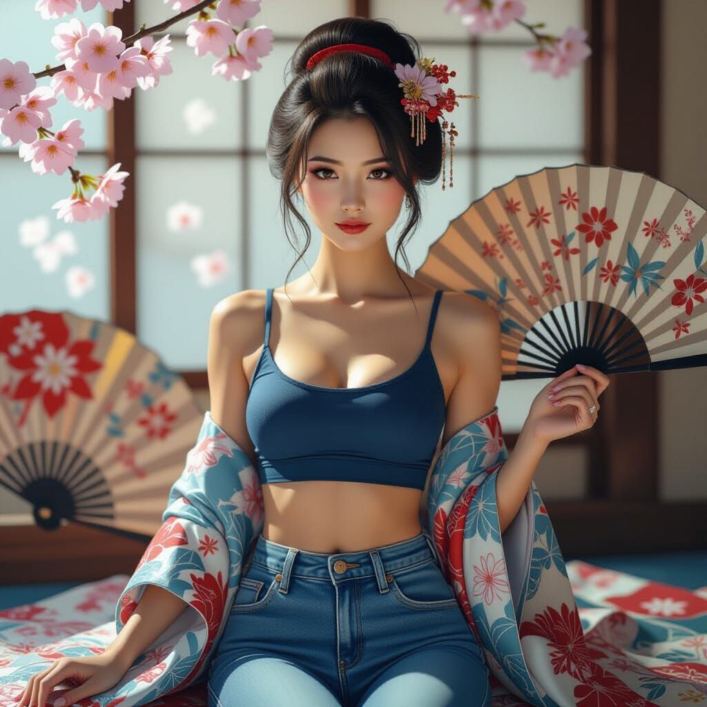 Geisha in Modern Attire with Japanese Accents
