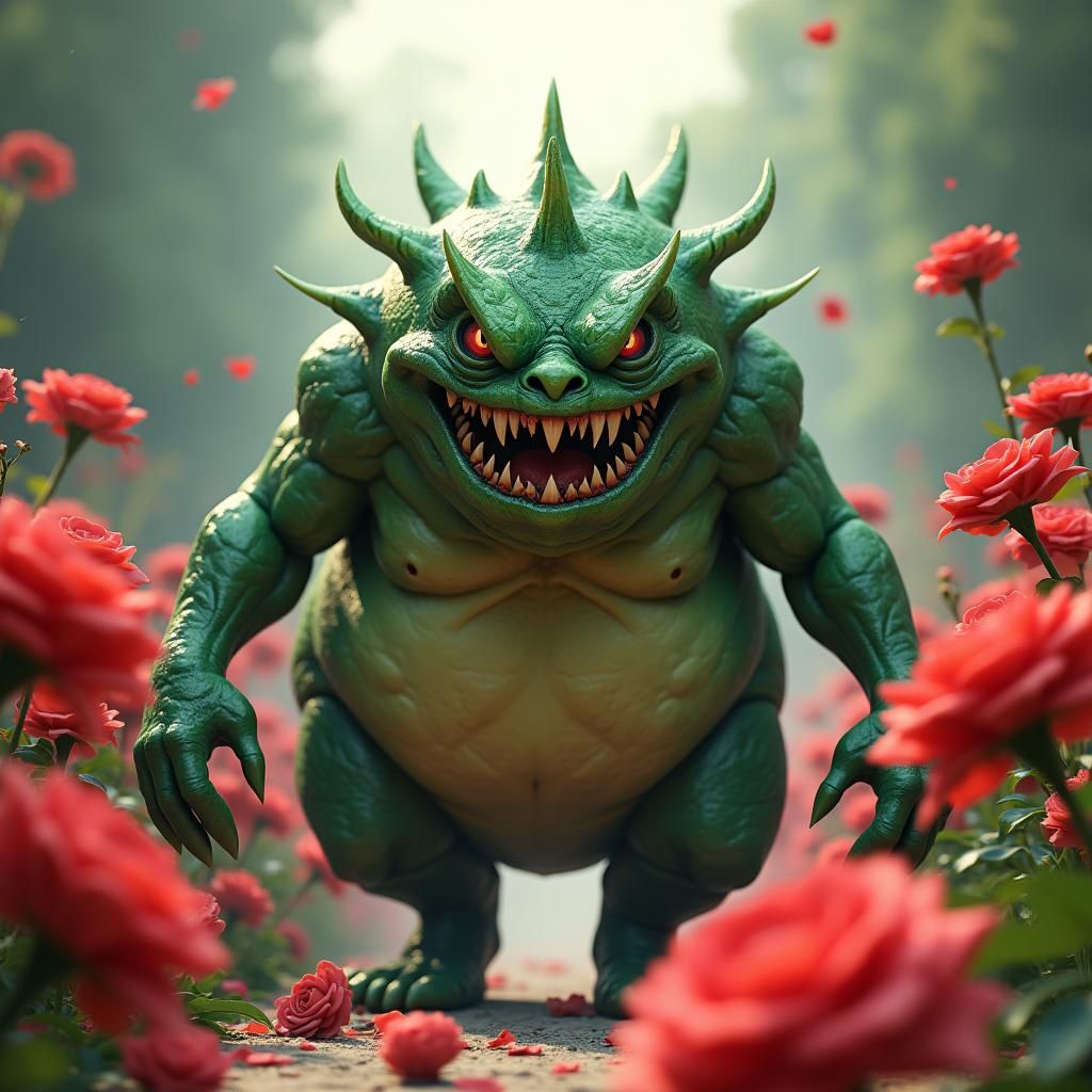 Furious Alien Storms Through Rose Garden in 3D Anime Style