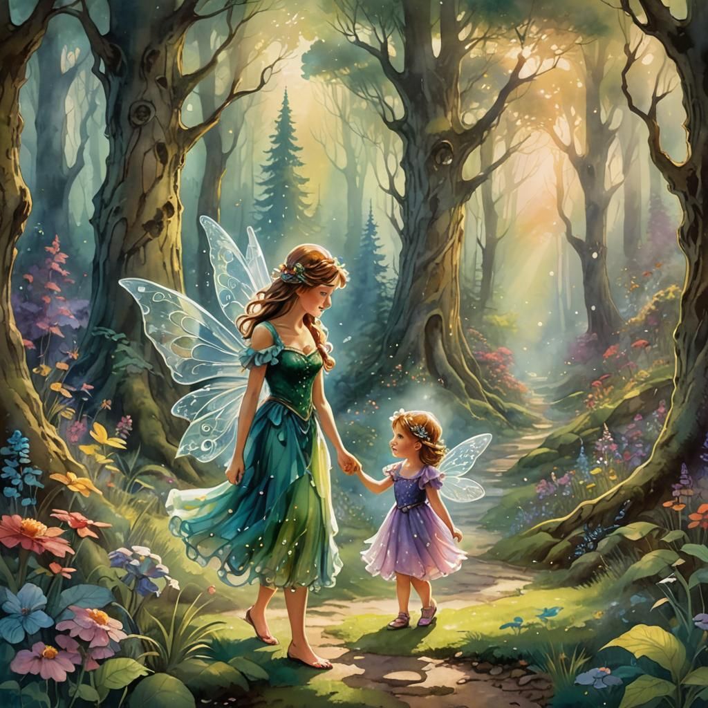 Fairy and Child Enter Storybook Forest in Ethereal Watercolo...