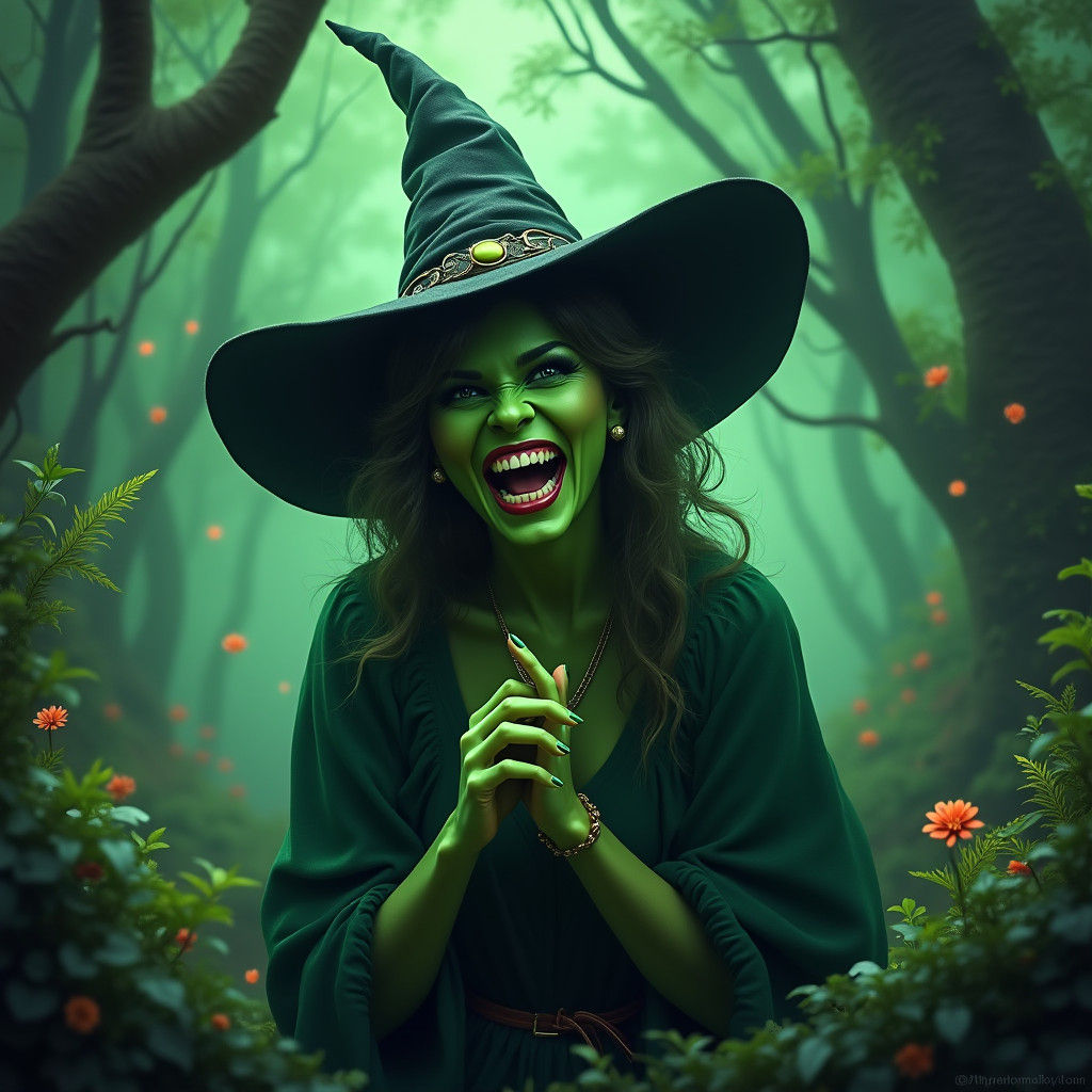 Evil Witch Confronts Mortal Doom in Emerald Forest