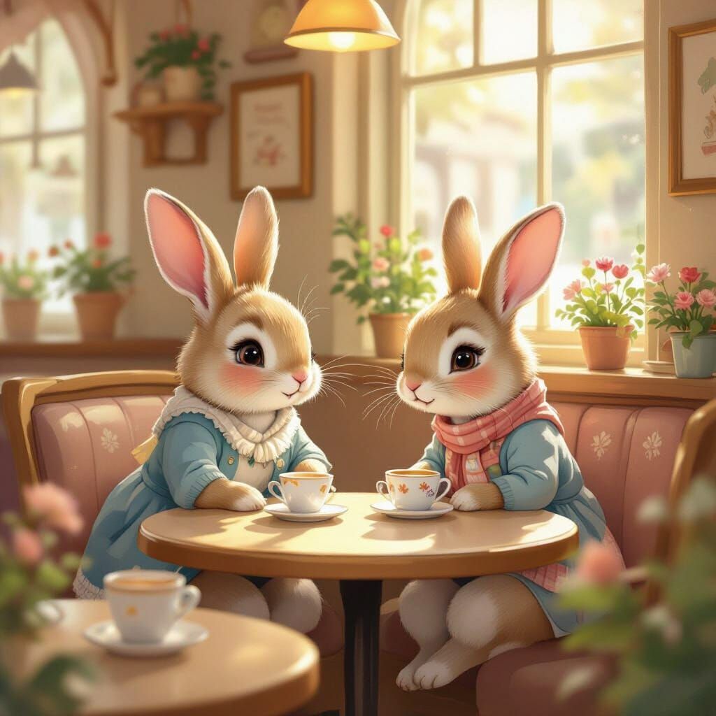 Cute Rabbits Gossiping in Cozy Cafe Storybook Style