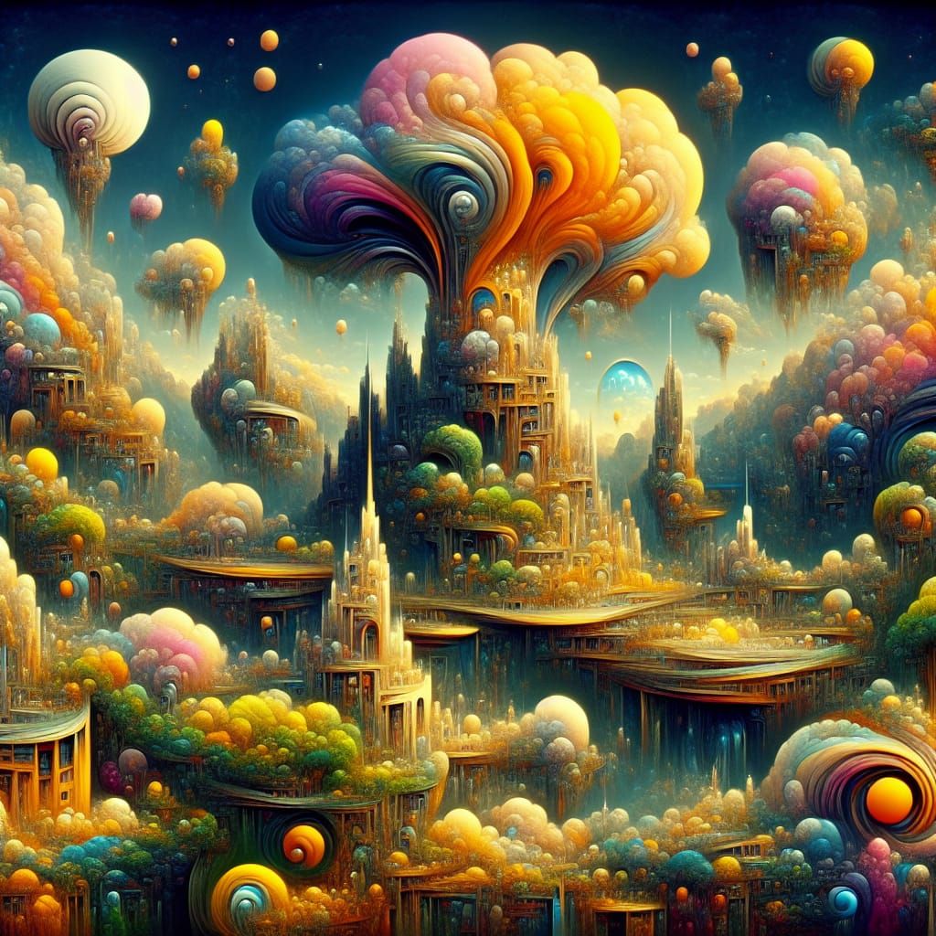 Surreal Fantasy Landscape with Swirling Clouds in Vivid Colo...