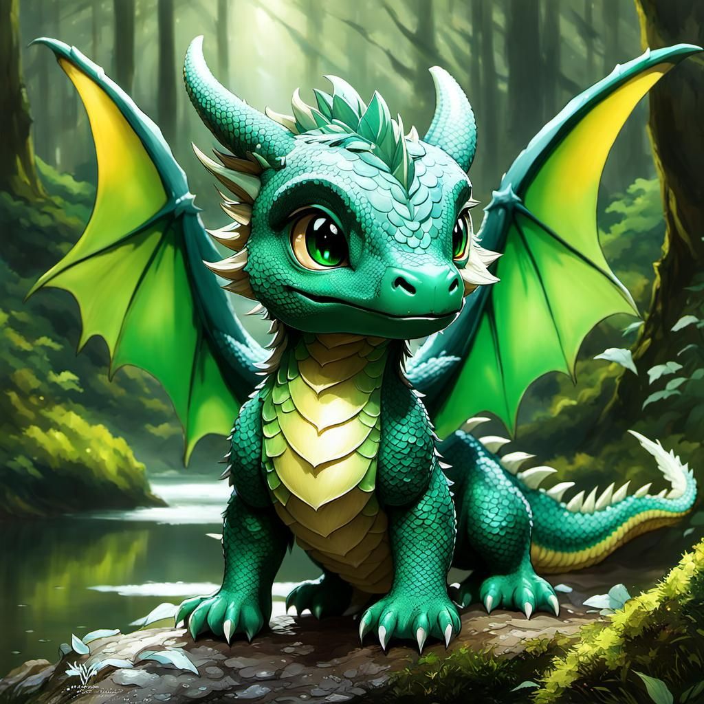 Cute Green Dragon in Forest, Detailed Digital Art