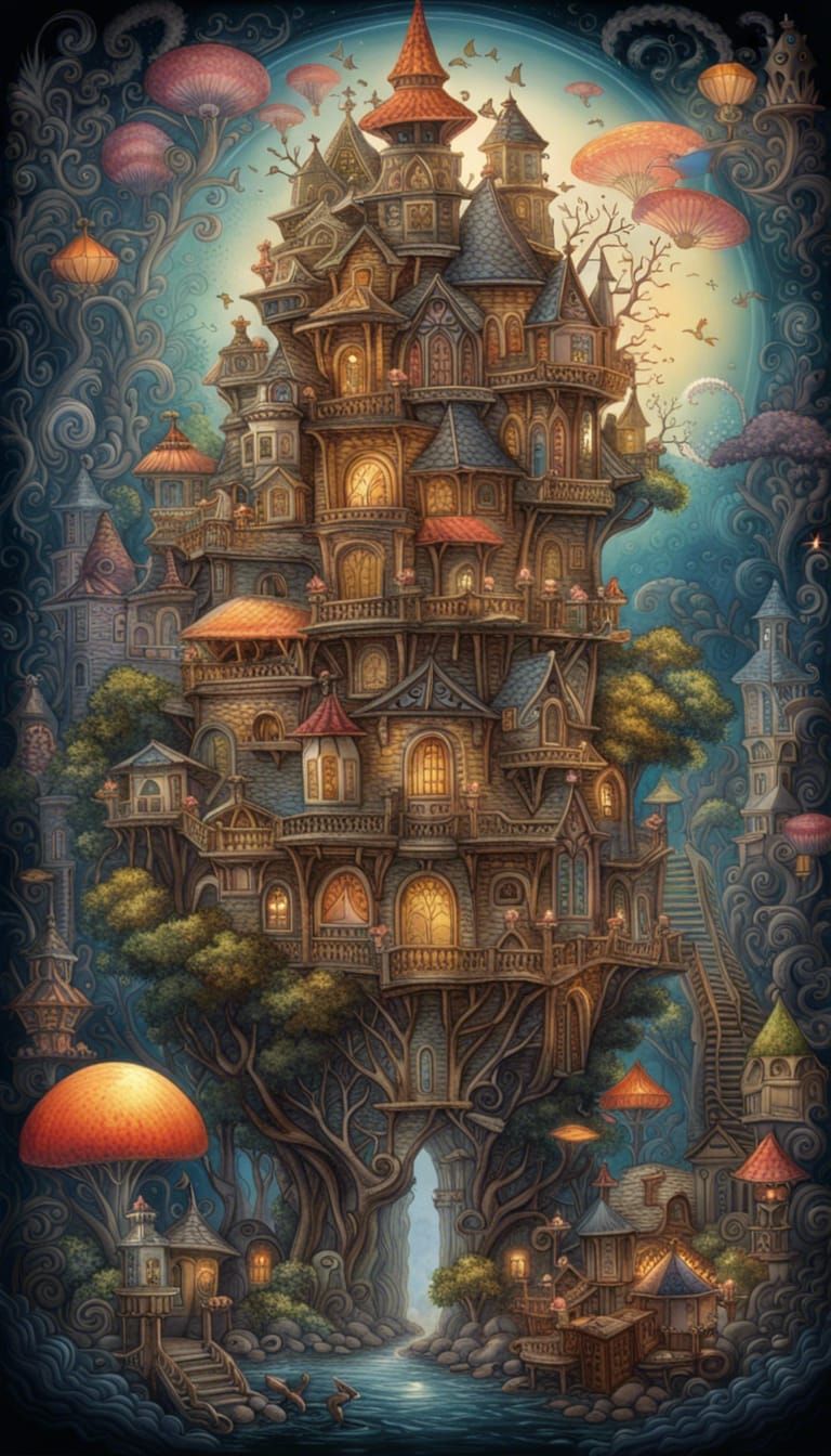 Magical Fairy City in Folk Art Illustration Style