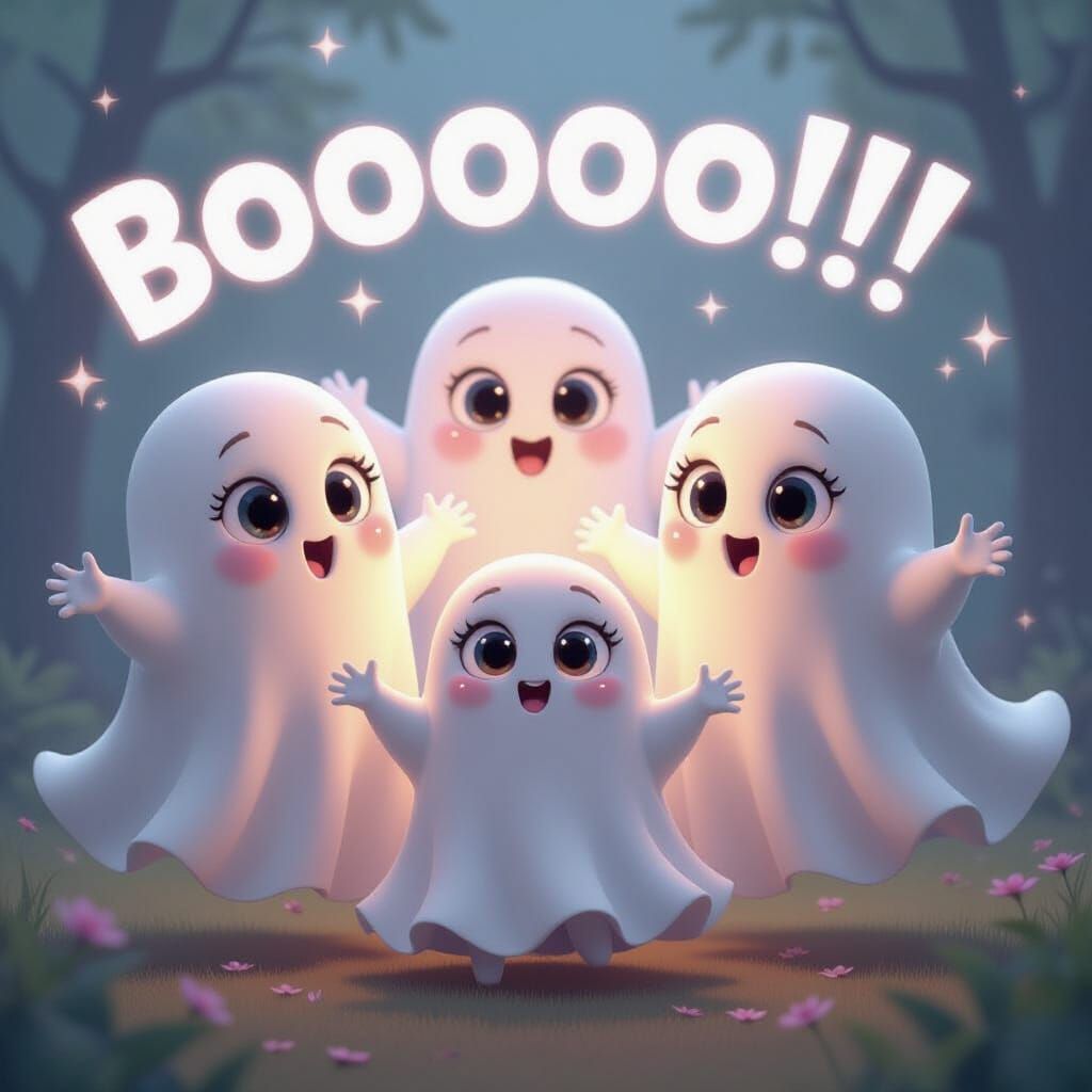 Cute Silky Ghosts Saying BOO in 3D Animation Style