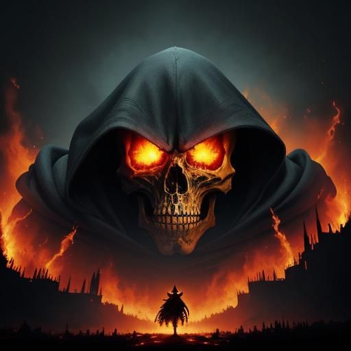 Skeleton Arsonist in Burning City, Dark Fantasy Art