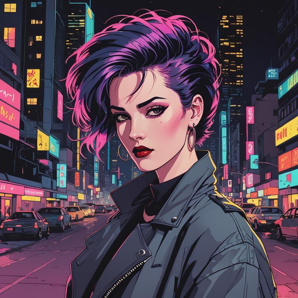 Punk Girl Posing in City, 80s Nagel Style