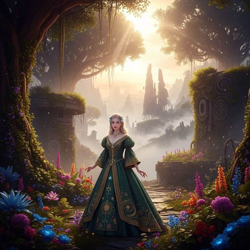 Ethereal Woman in Opulent Gown in Mystical Garden