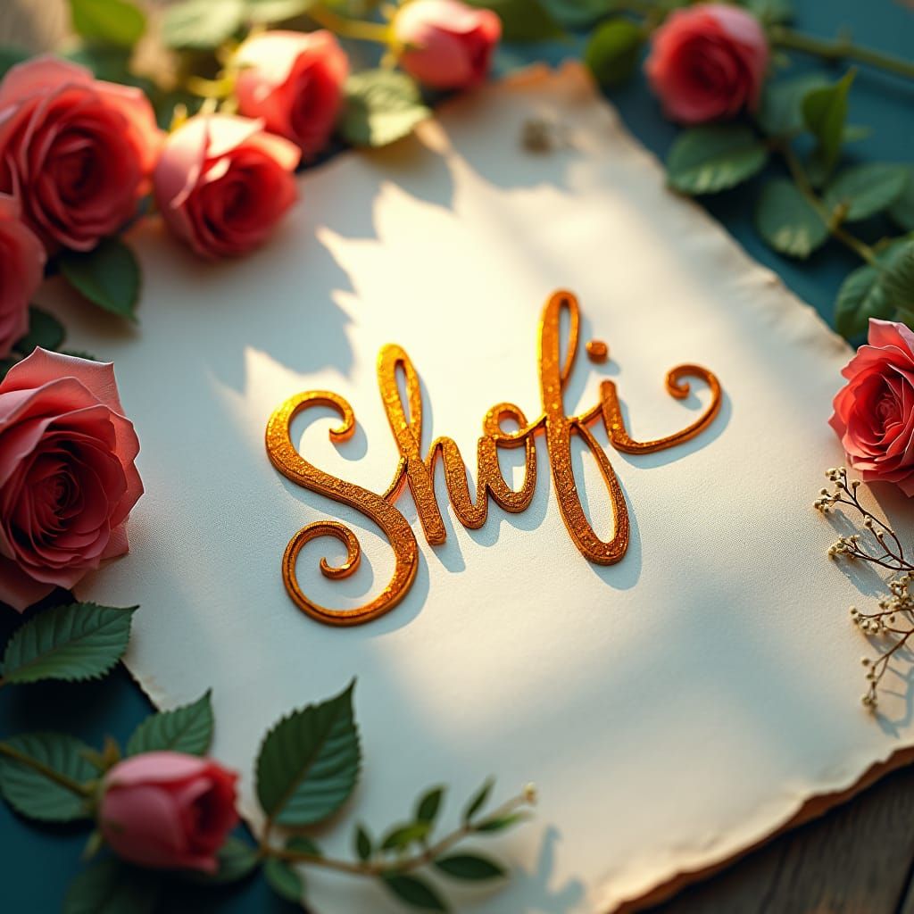 Elegant Golden Script 'Shofi' with Crimson Roses