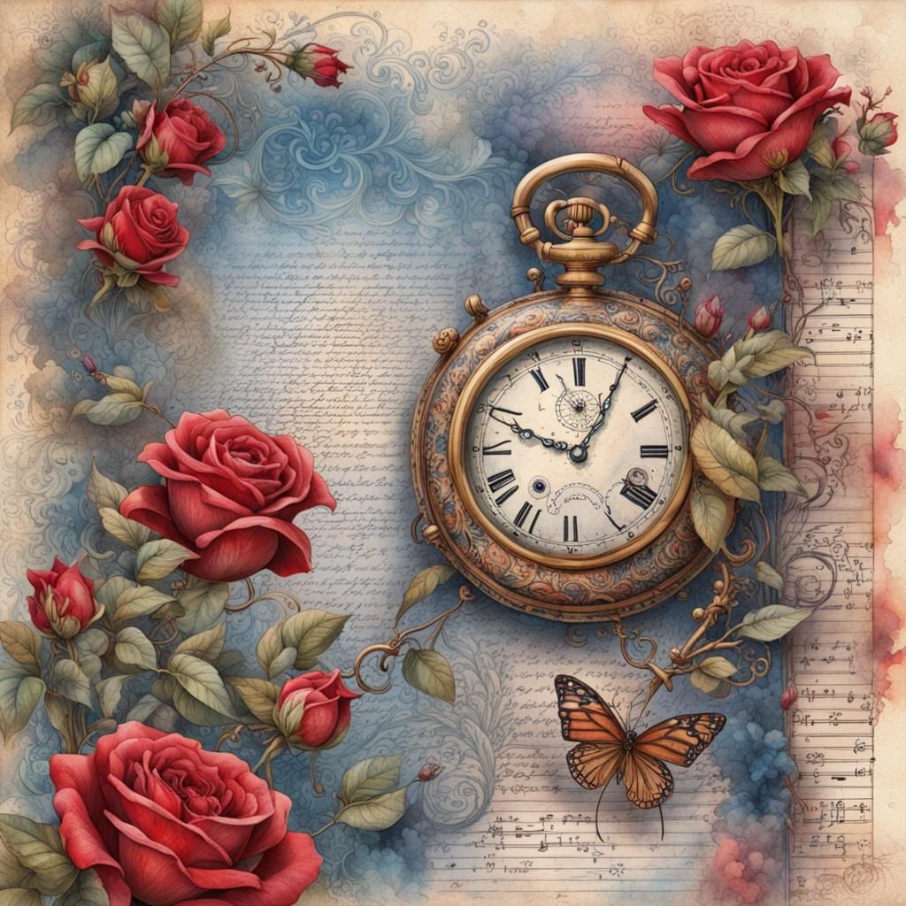 Journal Page with Roses, Watch, and River in Watercolor