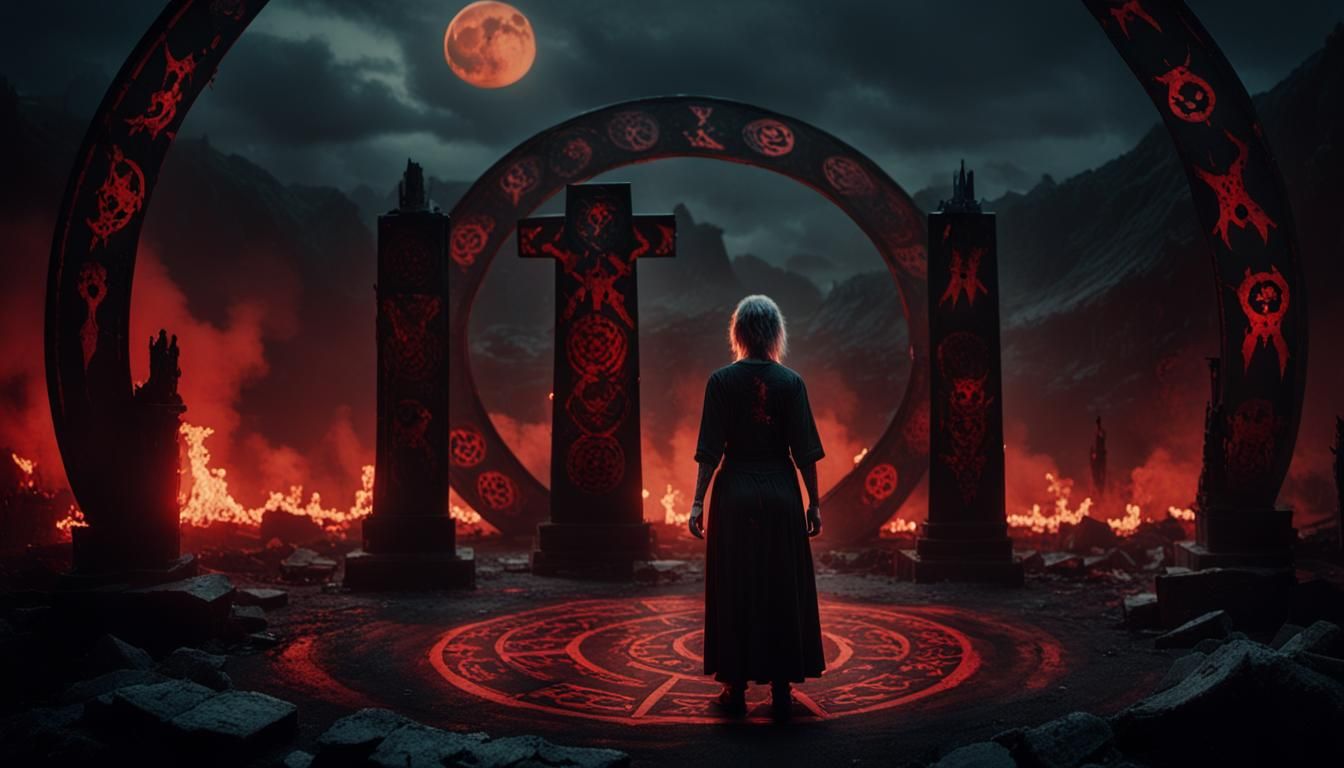 Woman, Demons, and Blood Moon in Cinematic Style