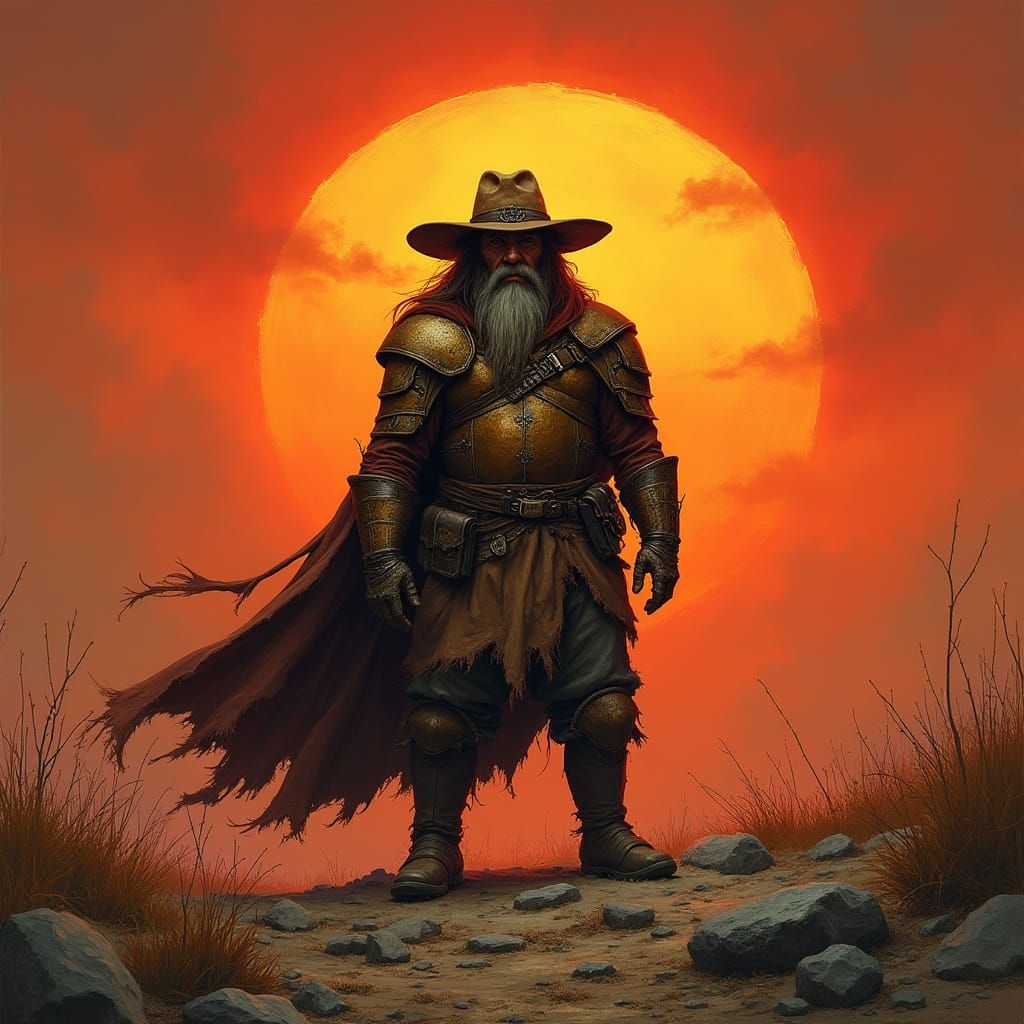 Dwarf Paladin Silhouette at Sunset in Dark Fantasy Style