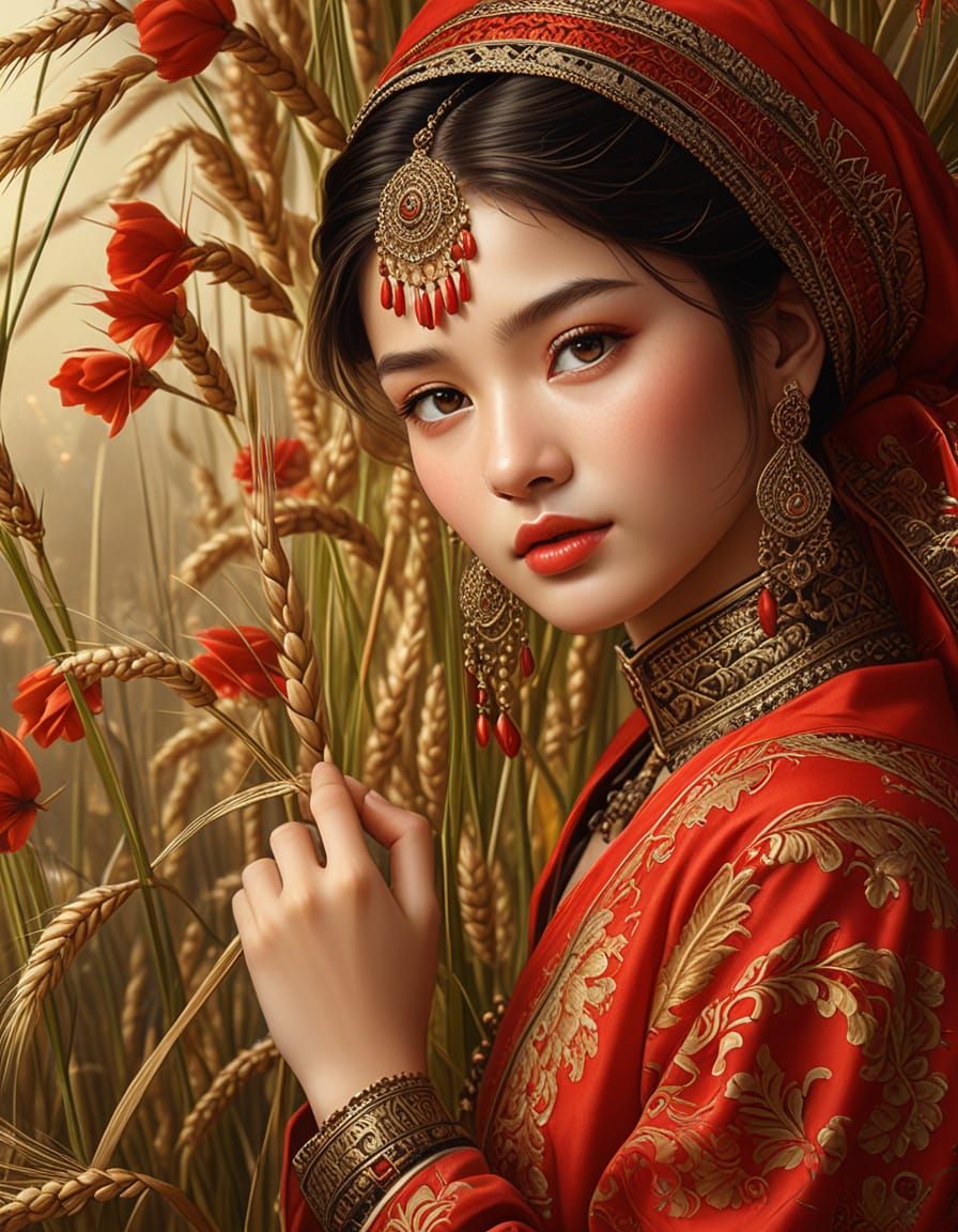 Harvest Empress in Golden Light: Digital Oil Painting