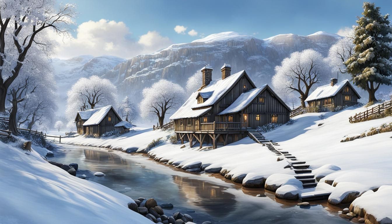 Winter Village Watercolor Painting with Frozen River