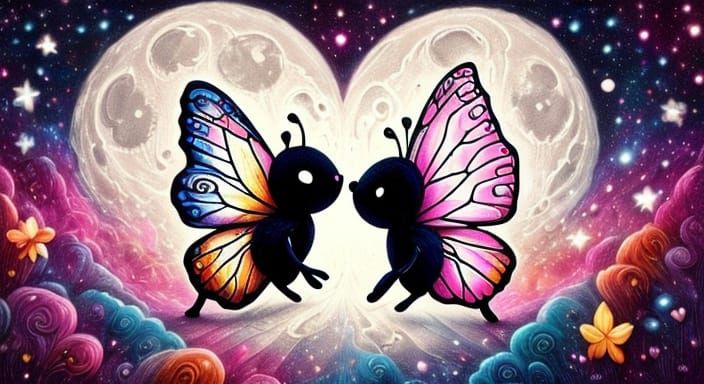 Whimsical Nighttime Butterflies Unite in Love