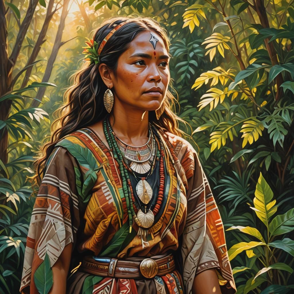 Proud Native Woman in Sunlight: Oil Painting