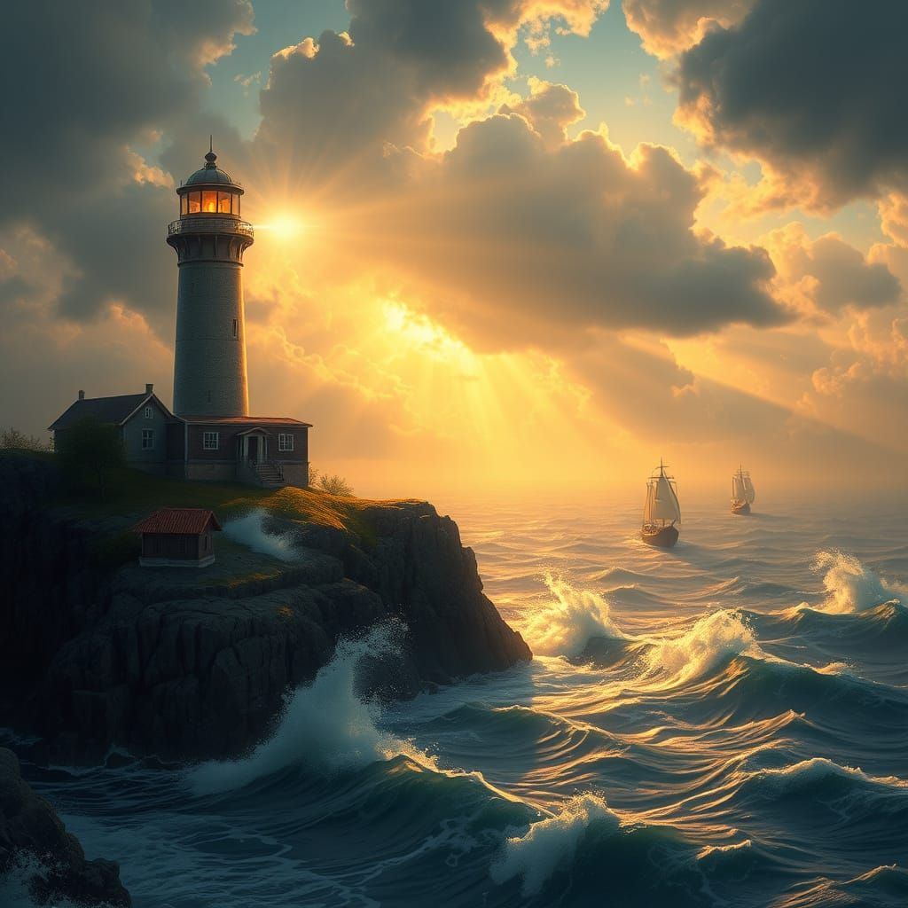 Lighthouse Guiding Ships in Ethereal Fantasy Seascape