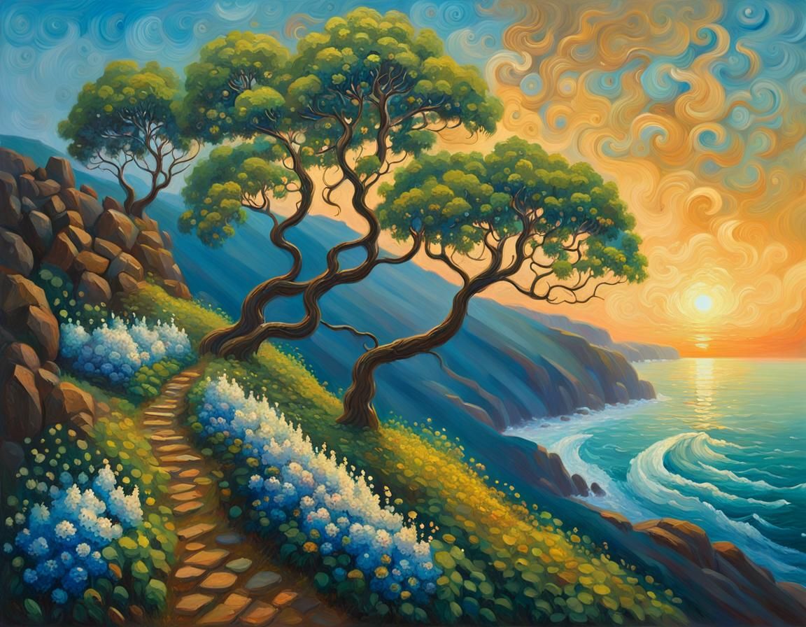 Coastal Sunset in Art Nouveau Symbolist Oil Painting