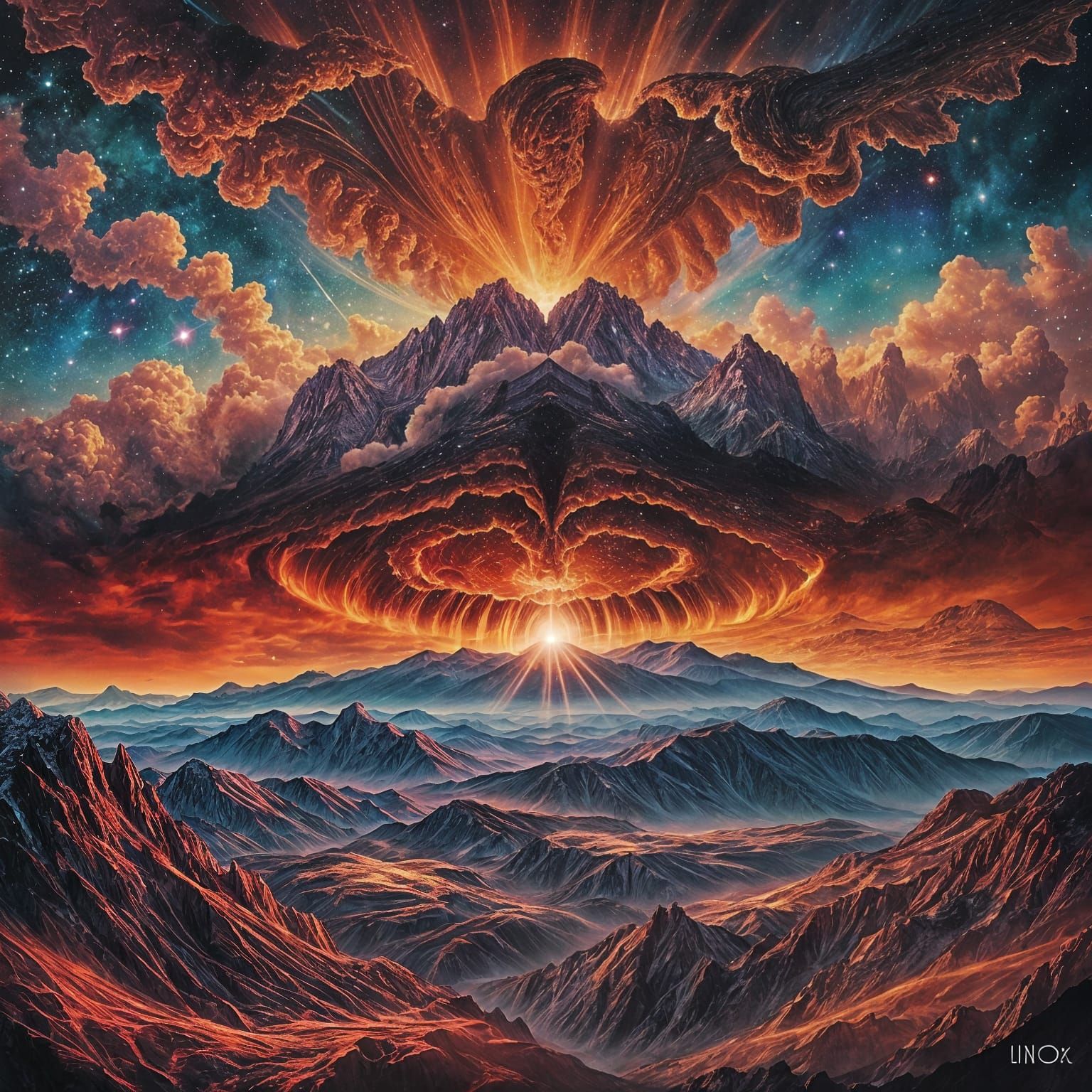 Surreal Cosmic Bird in Whimsical Starry Night Landscape