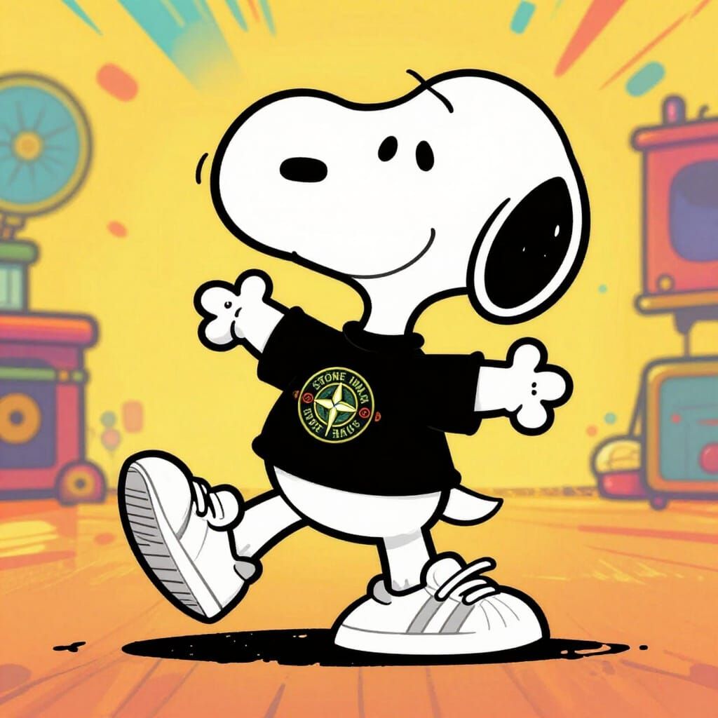 Snoopy in Adidas Sneakers and Stone Island Tee Cartoon Style