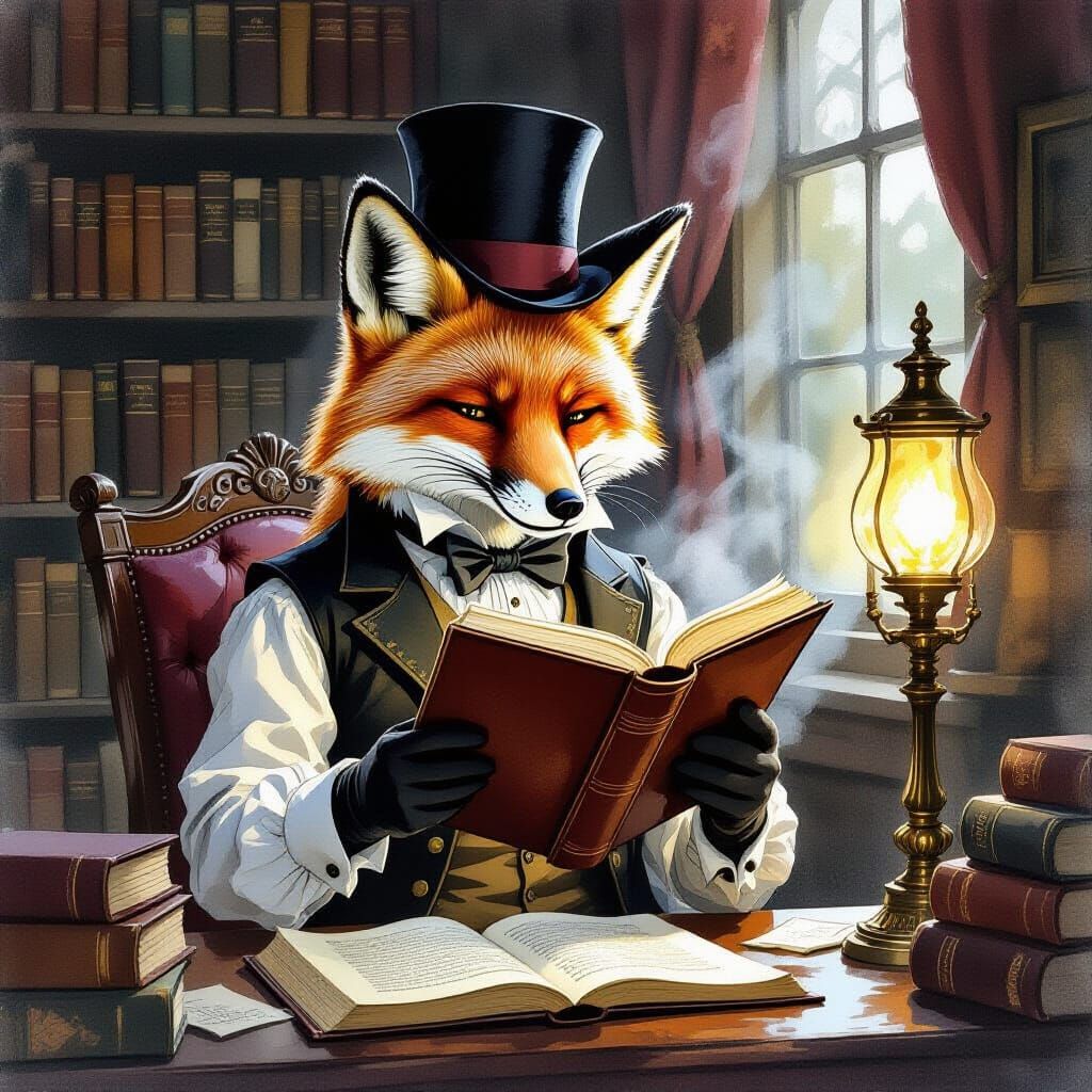 Victorian Fox Reading by Gaslight in Cozy Study
