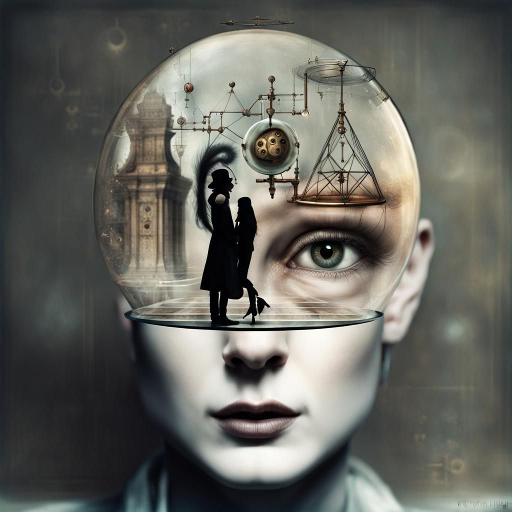 Surreal Love Equation Scene in Ethereal Steampunk Aesthetic