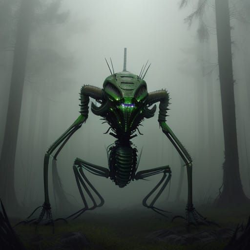 Cybernetic Praying Mantis Emerges from Dark Fantasy Landscap...
