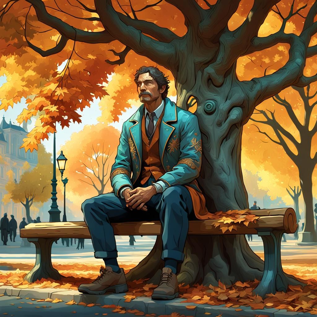 Autumnal Park Scene in the Style of Alphonse Mucha