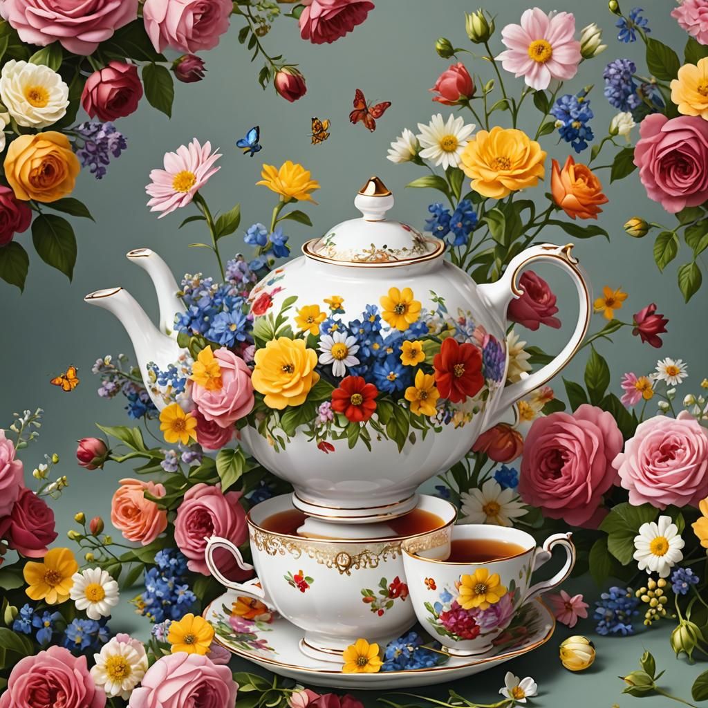 Floral Teapot Pouring Flowers into Teacup