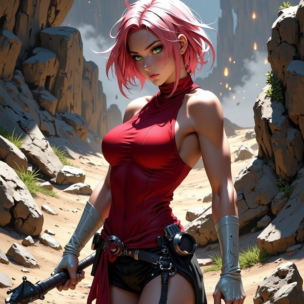 Fierce Pink-Haired Warrior in Dynamic Digital Art