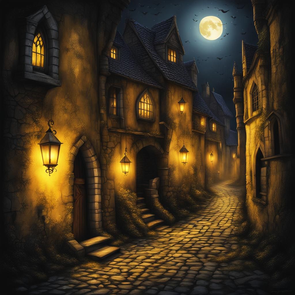 Eerie Moonlit Alley in Medieval Fantasy Style